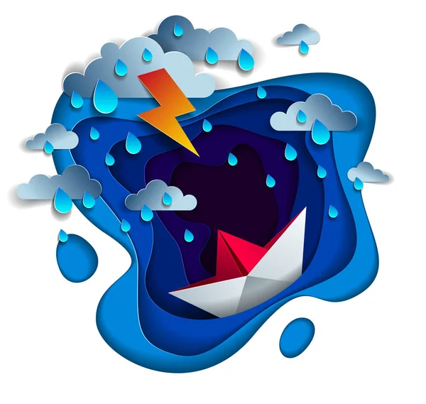 Origami paper ship toy swimming in thunderstorm with lightning, — Stock Vector