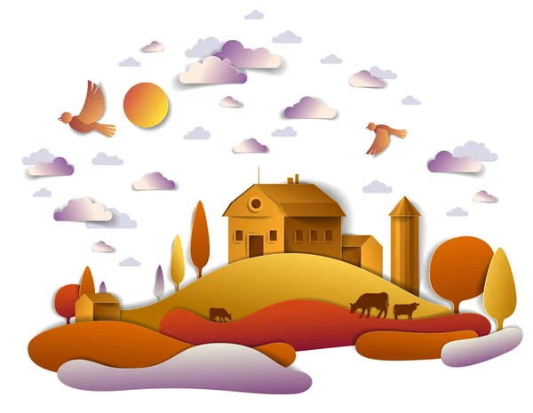 Ferme dans paysage pittoresque d'automne de champs et d'arbres et de bois c — Image vectorielle