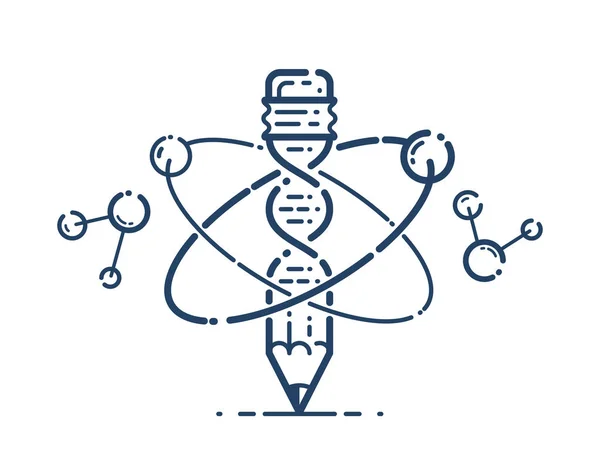 Tužka s atom a DNA vektorem jednoduché lineární ikony, educa — Stockový vektor