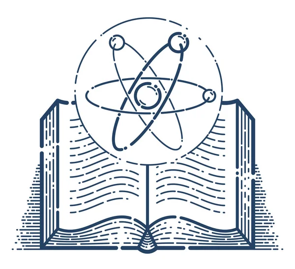 Offenes Buch mit linearem Molekül-Vektor-Symbol, Bildung und Wissenschaft — Stockvektor