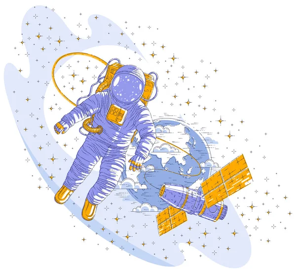 Spaceman volando espacio abierto conectado a la estación espacial y la tierra — Vector de stock