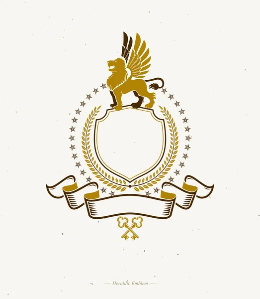 Emblème graphique avec Roi Lion Brave, étoile pentagonale et ruban . — Image vectorielle