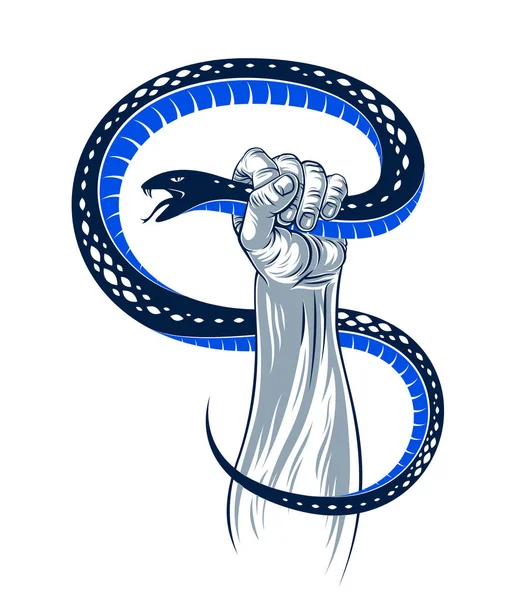 Hand quetscht eine Schlange, bekämpft das Böse, kontrolliert deinen dunklen Sid — Stockvektor
