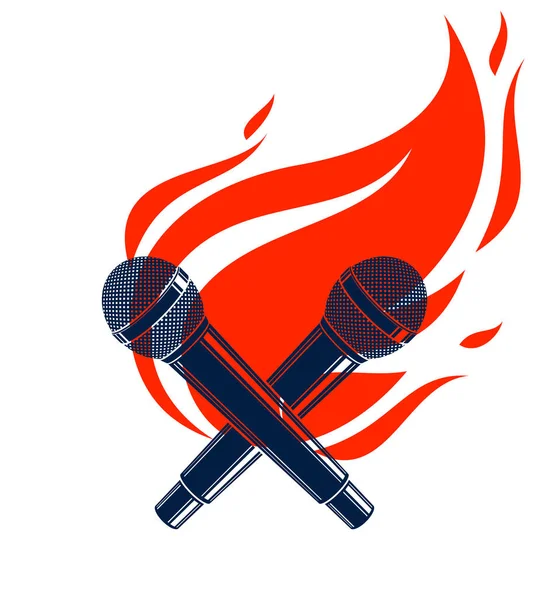 Dos micrófonos cruzados en el fuego, micrófono caliente en llamas, rap batalla r — Archivo Imágenes Vectoriales