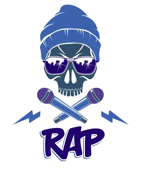 Hip Hop zene vektor logo vagy címke gonosz koponya és két mikrofon — Stock Vector
