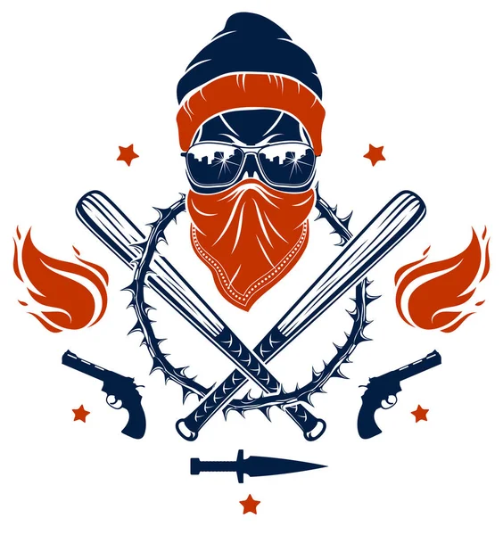 Brutal emblema de gángster o logotipo con la agresiva ba de béisbol cráneo — Vector de stock