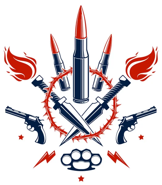 Proiettili e pistole emblema vettoriale della Rivoluzione e della Guerra, logo o ta — Vettoriale Stock