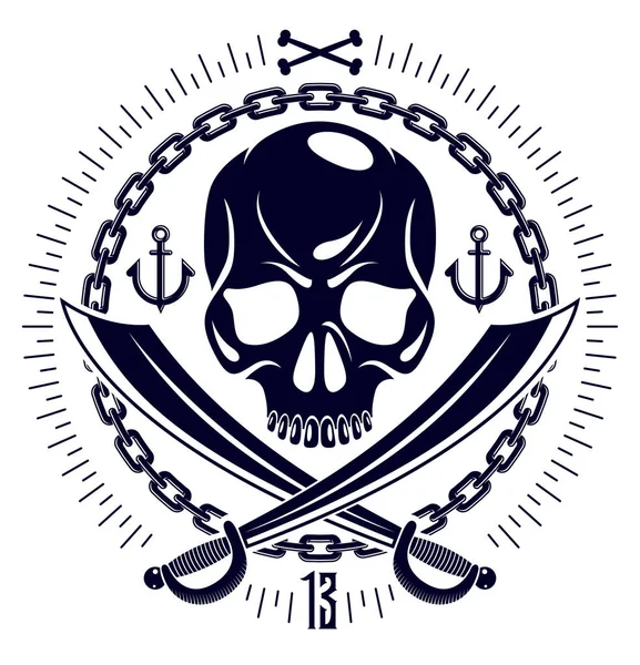 Jolly Roger Dead Head aggressiv skull, pirater vektor emblem eller — Stock vektor