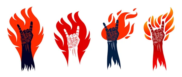 Rock hand sign on fire set, musique chaude Rock and Roll geste en f — Image vectorielle