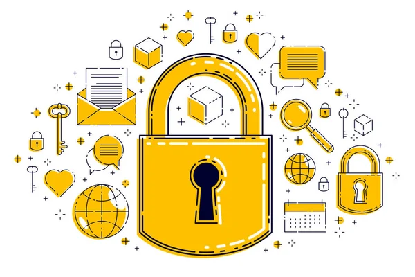 Cadenas entouré de différentes icônes ensemble, Internet protéger — Image vectorielle