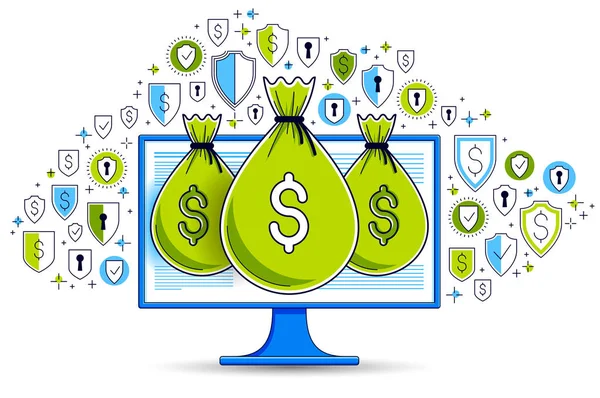 Bolsa de dinheiro sobre monitor de computador e conjunto de ícones escudo, proibição on-line — Vetor de Stock
