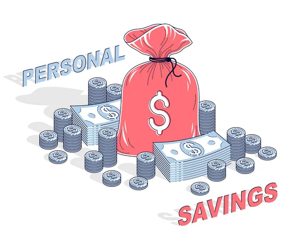 Концепція особистого заощадження, сумка з доларовими стеками та монетами — стоковий вектор
