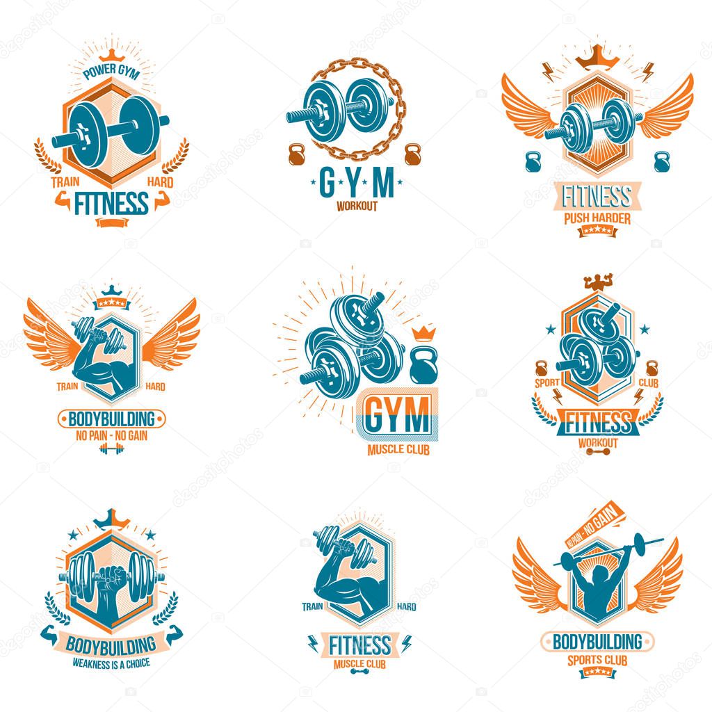 Vector fitness workout theme logotypes and inspiring posters collection created with dumbbells, barbells, disc weights sport equipment and muscular sportsman body silhouettes.
