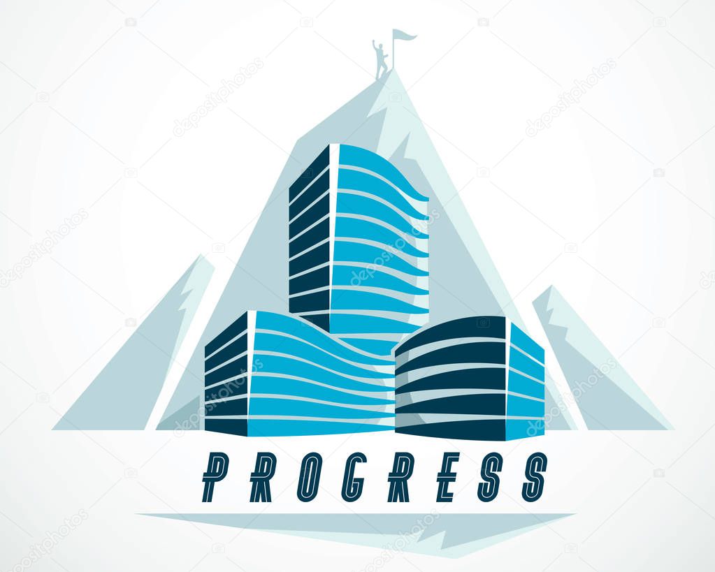 Rock climber as a concept of reaching goal of success behind of modern architecture business office building. Career concept. Vector illustration. Real estate realty center, futuristic facade.