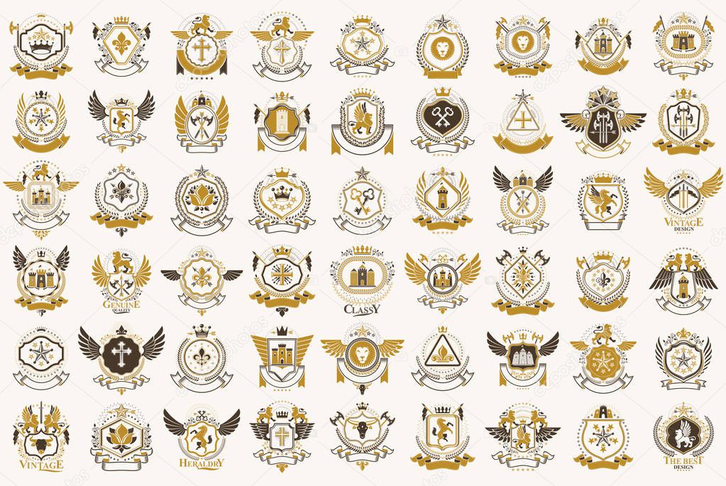 Classic style emblems big set, ancient heraldic symbols awards a