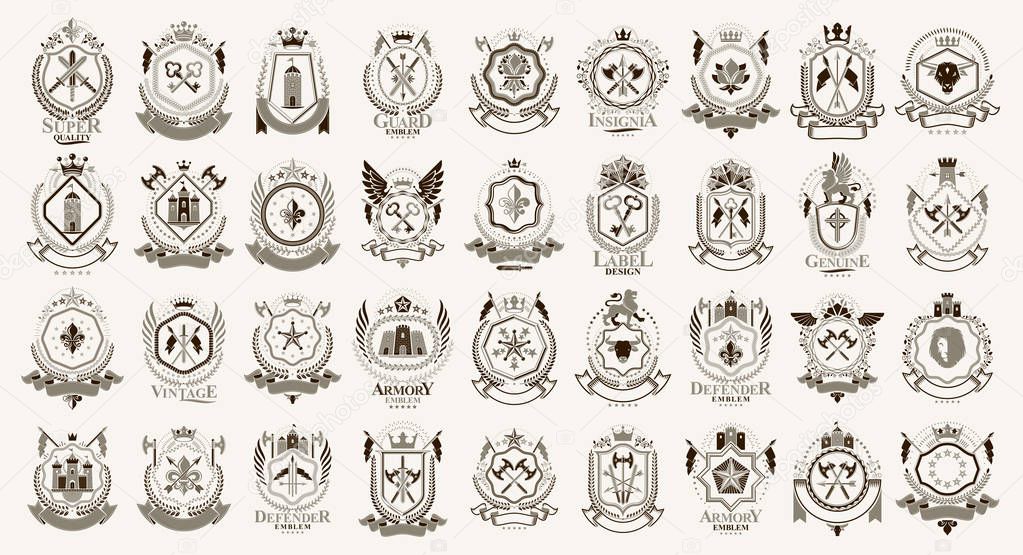 Vintage heraldic emblems vector big set, antique heraldry symbol