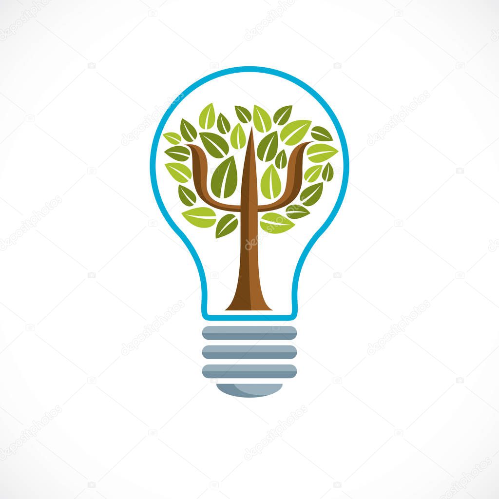 Psychology concept vector logo or icon created with Greek Psi symbol as a tree with leaves inside of idea light bulb, mental health concept, psychoanalysis analysis and psychotherapy therapy.