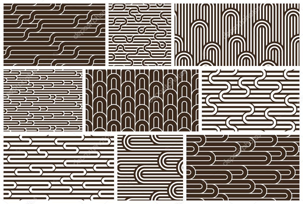 Lined seamless vector patterns with twisted lines, geometric abs