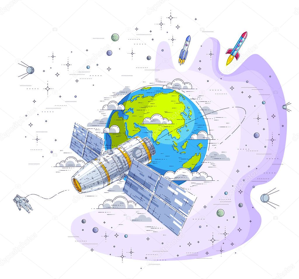 Space station flying orbital flight around earth, spacecraft spa