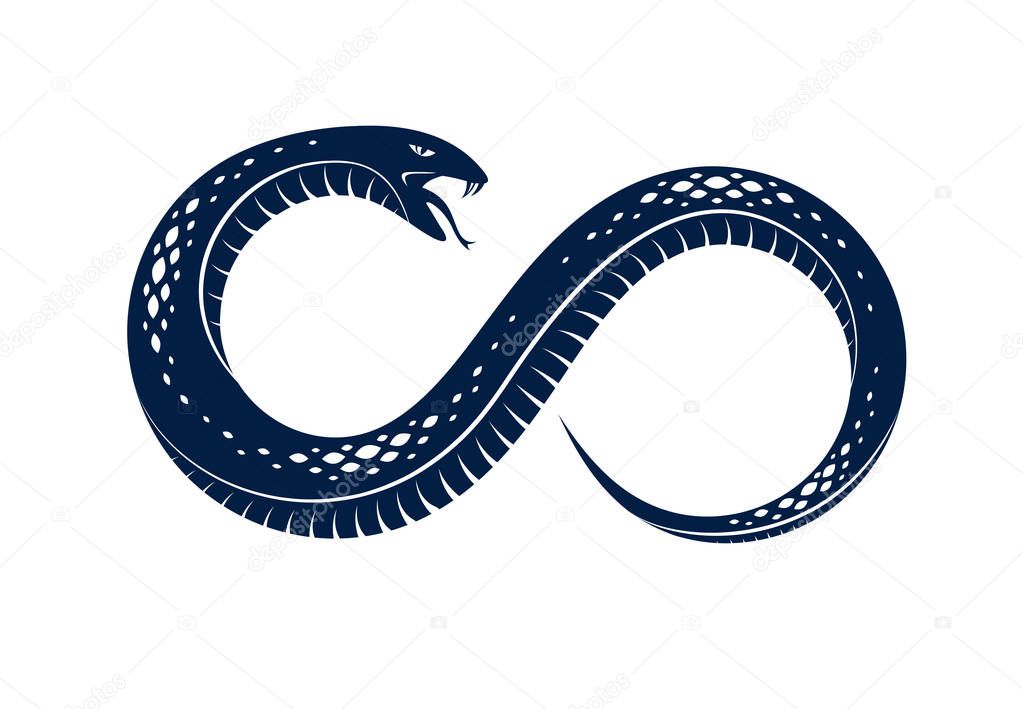 Snake eating its own tale, Uroboros Snake in a shape of infinity symbol, endless cycle of life and death, Ouroboros ancient symbol vector illustration logo, emblem or tattoo.