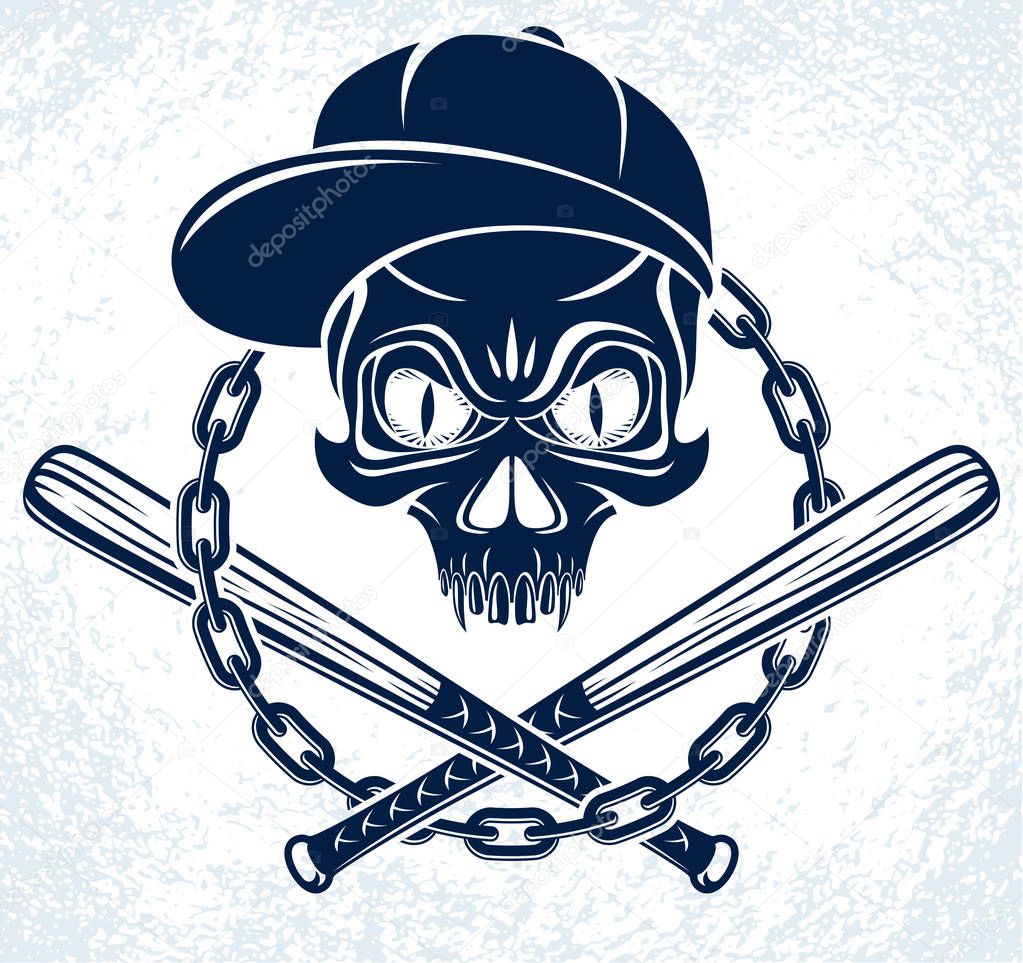 Brutal gangster emblem or logo with aggressive skull baseball bats design elements, vector anarchy crime or terrorism retro style, ghetto revolutionary.
