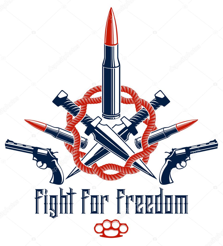 Revolution and War vector emblem with bullets and guns, logo or 
