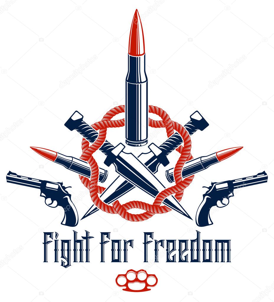 Revolution and War vector emblem with bullets and guns, logo or tattoo with lots of different design elements, riot partisan warrior, criminal and anarchist style, social tension theme.