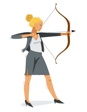 Bir yay vektörü illüstrasyonu çeken iş kadını, kariyer ve hedef kavramı, başarı için motive olmuş iş kadını.