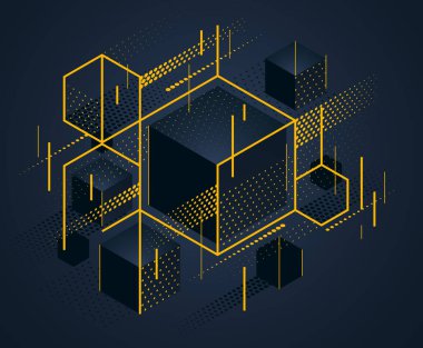 Soyut vektör tasarımı, altın elementler vektör arka planına sahip siyah 3D küplerden oluşan küme, modern mücevher reklamı için kraliyet elit lüks geometrik çizimi kullanılabilir..