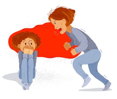 Küfürbaz anne vektör çizimi, kötü anne küçük korkmuş çocuğa bağırıyor ve bağırıyor. Oğlu, aile içi şiddet, mağdur çocuk, zorba ebeveyn, psikolojik şiddet..