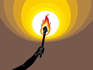 Torch in a hand raised up illuminates the dark vector illustration, Prometheus, flames of fire, bring the light to the dark, conceptual allegory art. clipart
