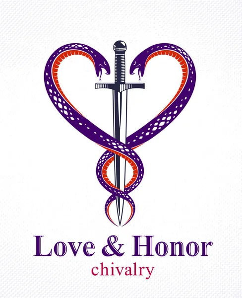 Hançer Kalp Vektör Stili Amblem Logo Şeklinde Iki Yılan Şövalyelik — Stok Vektör