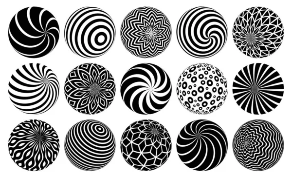 アブストラクト球体ベクトルセット パターンで装飾されたボールのコレクション 装飾品のコレクションを持つ3D混合品種の球 ロゴに役立つ単色黒と白 — ストックベクタ