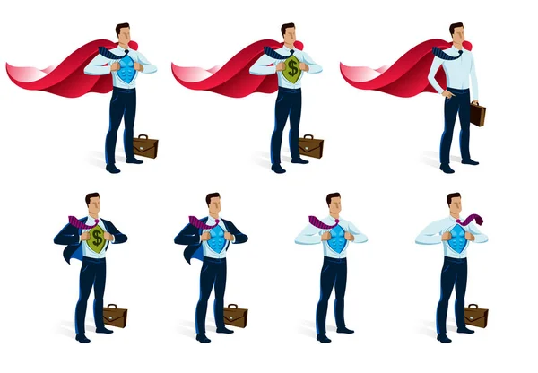 Biznesmen Superbohater Wektor Ilustracje Zestaw Młody Przystojny Biznesmen Stoi Odważny — Wektor stockowy