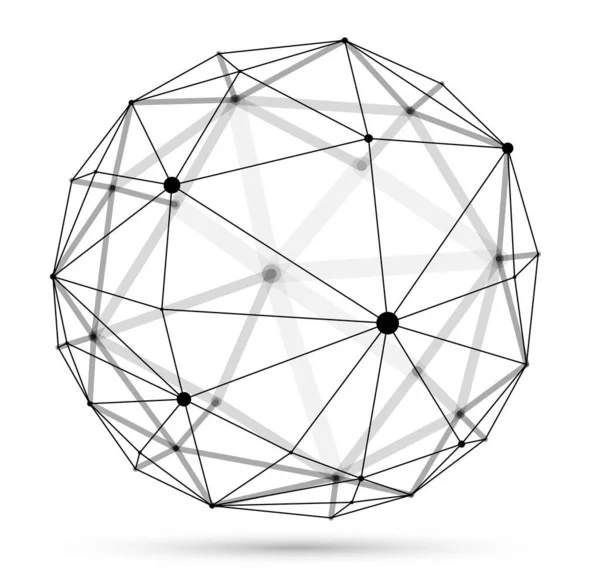 三维网格球面矢量图解 与线技术有关的点 在白背景上孤立的多边形物体 具有实际场效应深度的动态晶格 — 图库矢量图片