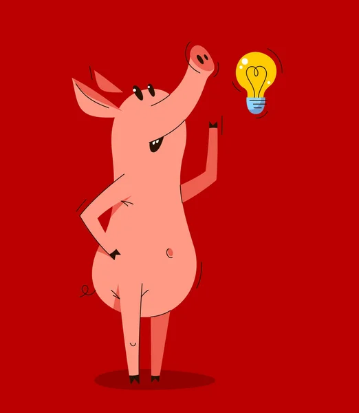 Funny Cartoon Pig Thinking Some Idea Shown Light Bulb Vector — Stock Vector