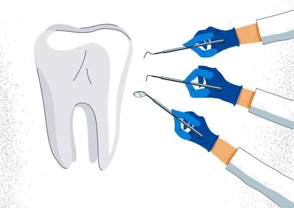Mãos Dentista Com Ferramentas Médicas Testando Ilustração Vetor Dentário Diagnóstico — Vetor de Stock