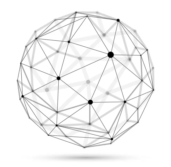 三维网格球面矢量图解 与线技术有关的点 在白背景上孤立的多边形物体 具有实际场效应深度的动态晶格 — 图库矢量图片
