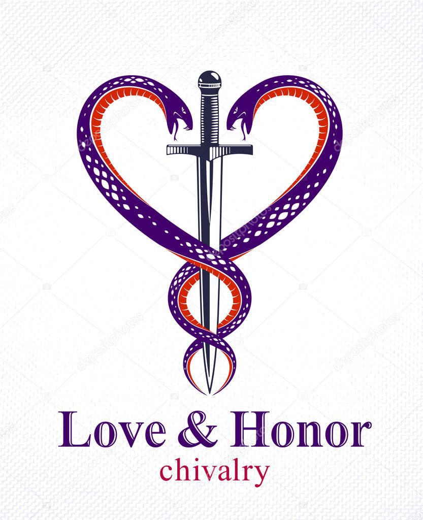 Dagger and two snakes in a shape of heart vector vintage style emblem or logo, chivalry love and honor concept, medieval Victorian style.