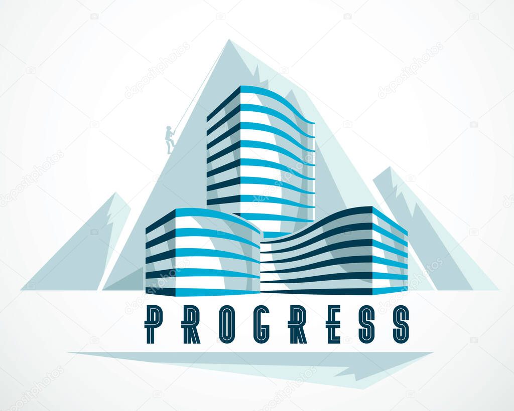 Modern architecture business office building in front of Rock Climber as a concept of career path. Reaching goal of success conceptual illustration. Real estate realty center. Vector design.