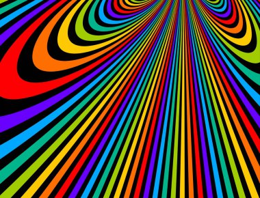 Psikedelik gökkuşağı renkli optik illüzyon çizgileri vektör deli sanat arka planı, LSD halüsinasyon hezeyanı, sürreal operasyon sanatı doğrusal eğrileri hiper 3 boyutlu perspektif, hipnotik tasarım.