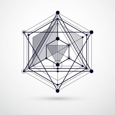 Moda geometrik vektör şablonu, desenli soyut küp örgü siyah ve beyaz zemin. Teknik plan, grafik ve web tasarımı için soyut mühendislik taslağı.