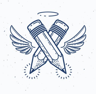 Kanatlı ve nimbuslu iki çapraz kalem, vektör basit trend logosu veya tasarımcı veya stüdyo için simge, yaratıcı ruh, melek tasarımı, doğrusal biçim.