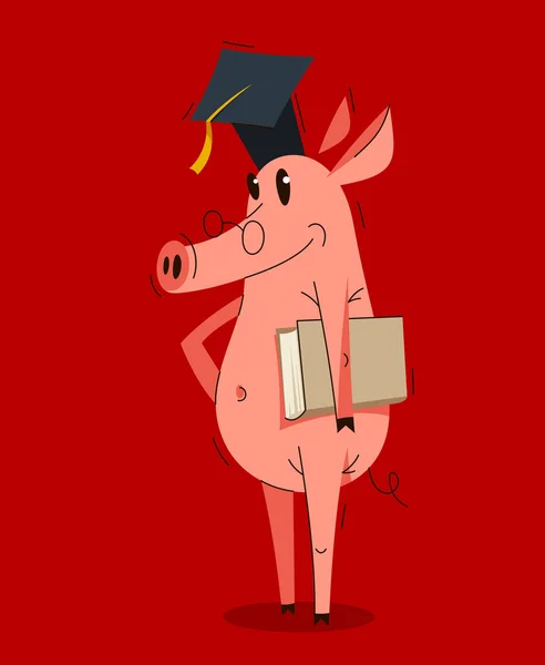 Lustige Cartoon Schwein Trägt Studentenhut Und Hält Ein Buch Doktoranden — Stockvektor
