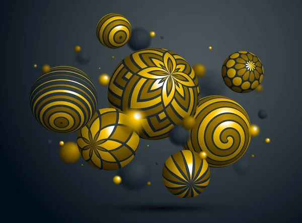 抽象的な黄金の球ベクトル背景 光沢のある金のパターンで飾られた飛行ボールの組成 装飾品と3D混合現実的な球 フィールド効果の現実的な深さ — ストックベクタ