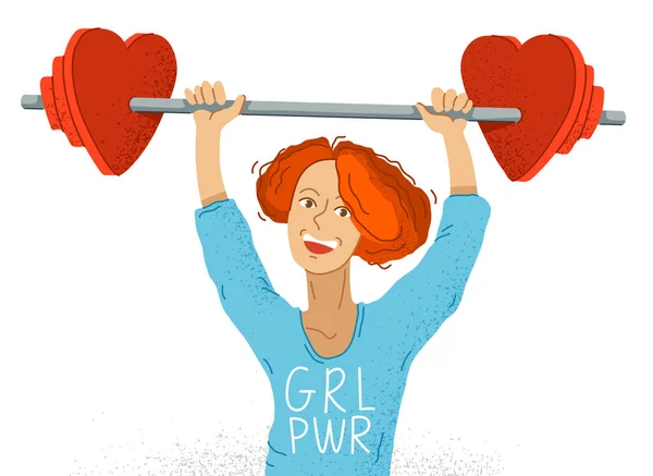 Young Adorable Happy Feminist Woman Pushed Barbell Heart Shaped Weights — Stock Vector