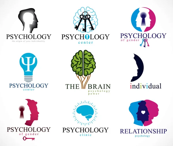 Psicología Cerebro Salud Mental Vector Iconos Conceptuales Logos Conjunto Problemas — Vector de stock