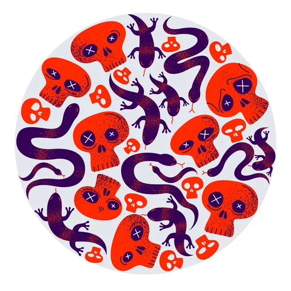 Teschi Con Lucertole Serpenti Composizione Rotonda Cerchio Disegno Vettoriale Illustrazione — Vettoriale Stock