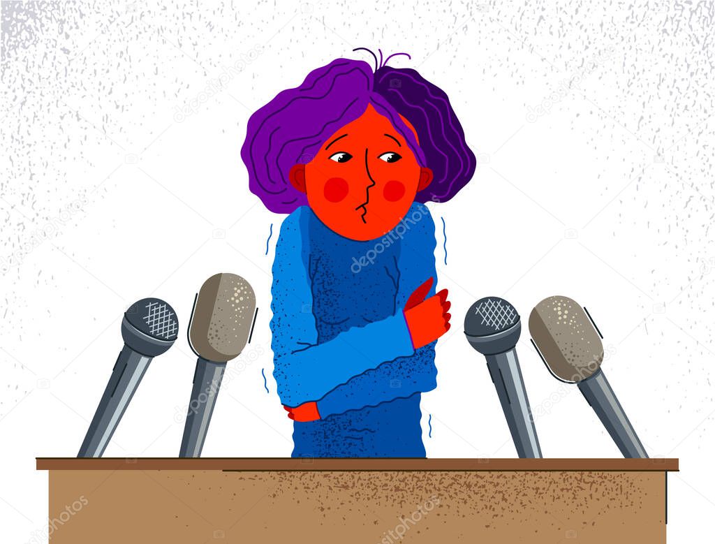 Glossophobia fear of public speech vector illustration, girl surrounded by microphones scared in panic attack, psychology mental health concept.