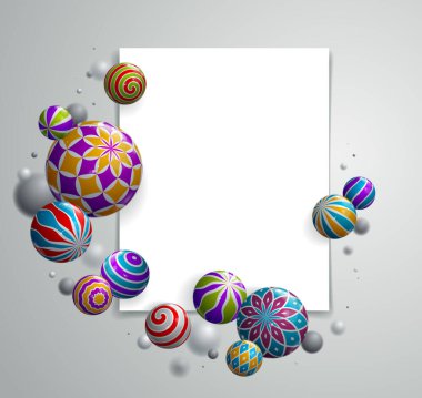 Gerçekçi parlak küreler, boş kağıt kağıtlı vektör illüstrasyonları, soyut arkaplan, desenli güzel toplar ve alan etkisi derinliği, 3 boyutlu küreler tasarım sanatı..